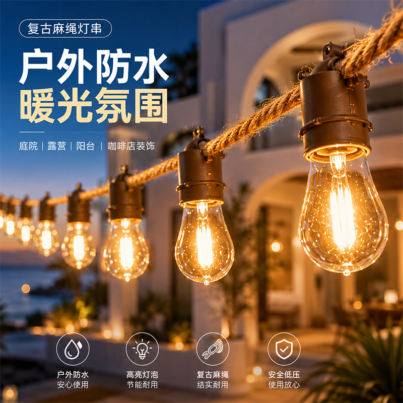 Outdoor Camping Hemp Rope Pendant Lights, Vintage Homestay Courtyard Atmosphere Lights, Camp Wedding String Lights, Restaurant Decorative Lights