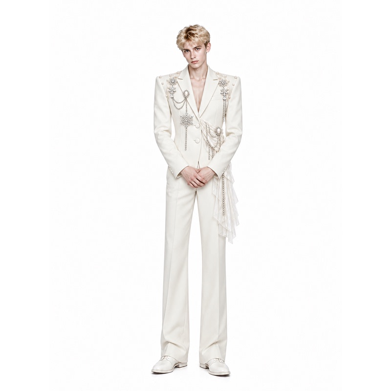 Yicai【White Stream】Wide-Shouldered, Narrow-Waisted Suit Jacket with a Stylish Design and Fitted Waist, Men's Suit for Group Broadcast