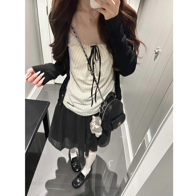 Early Autumn Korean Style Outfit, a Complete Set with a Girly Striped Camisole Cardigan Top and Skirt Three-Piece Set for Petite Women