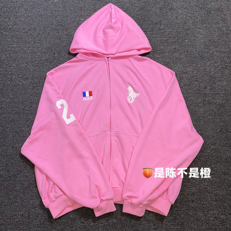Orange Home 24Fw Pink War Horse Hoodie Zipper Embroidery Washed Zipper Loose Hooded Pure Cotton Sweatshirt