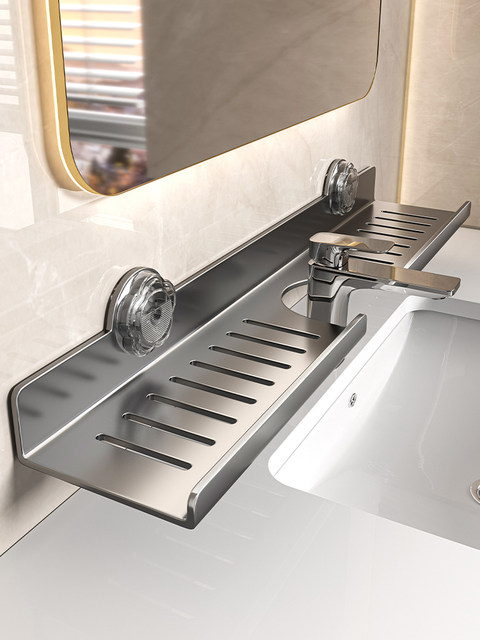 Bathroom rack in front of suction cup mirror, faucet, washbasin, washbasin, wall-mounted, punch-free bathroom shelf