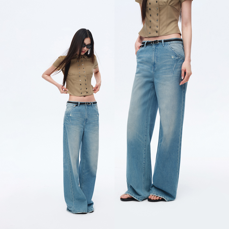 Trendkill Original Light Blue Heavy-Duty Washed Distressed Design Casual Loose Wide-Leg Low-Rise Jeans Trendkill Original Light Blue Heavy-Duty Washed Distressed Design Casual Loose Wide-Leg Low-Rise Jeans