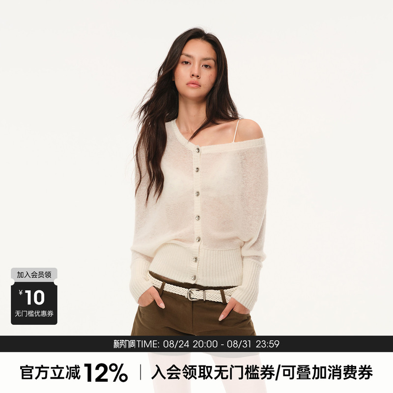 【Trendkill August 4Th New Arrival】Wool Blend Asymmetrical Shoulder Sheer Slimming Short Knit Cardigan for Women