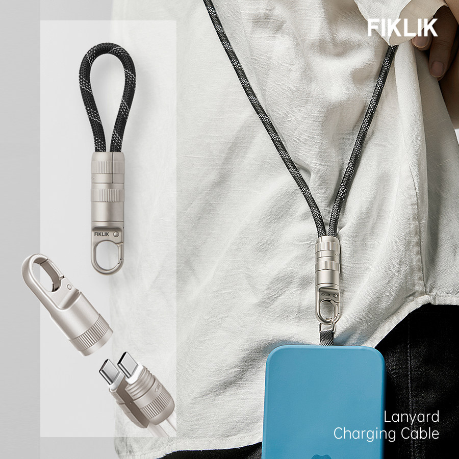 FIKLIK 2-in-1 ランヤードデータケーブル、デュアルUSB-C1ポータブル充電ケーブル、PD急速充電対応携帯電話用ショートケーブル、ナイロン編組、100W-240W