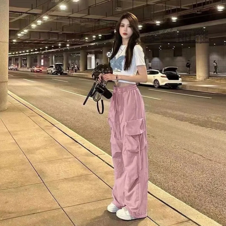 Sweet and Cool Dopamine Summer Outfit Set 2025 New Straight-Leg Jogger Cargo Pants Two-Piece Set