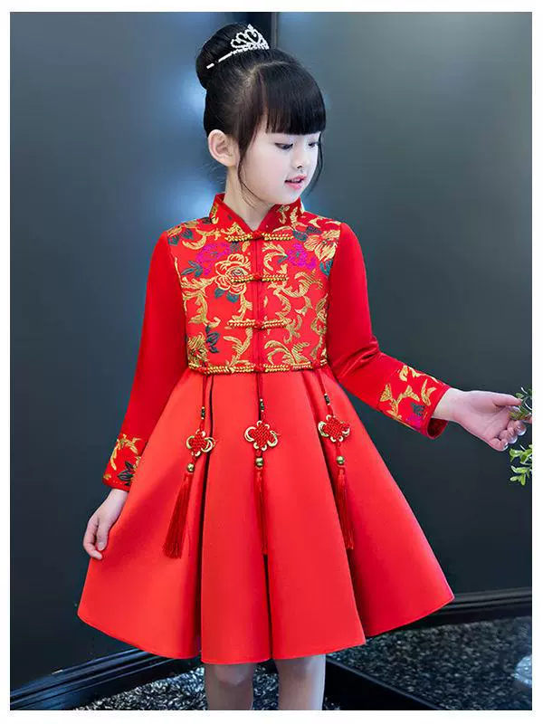 Váy công chúa sườn xám dành cho bé gái Váy mùa đông cộng với nhung phong cách Trung Hoa Bộ đồ nhà Đường màu đỏ Váy Tết trẻ em Váy chúc mừng năm mới cho bé