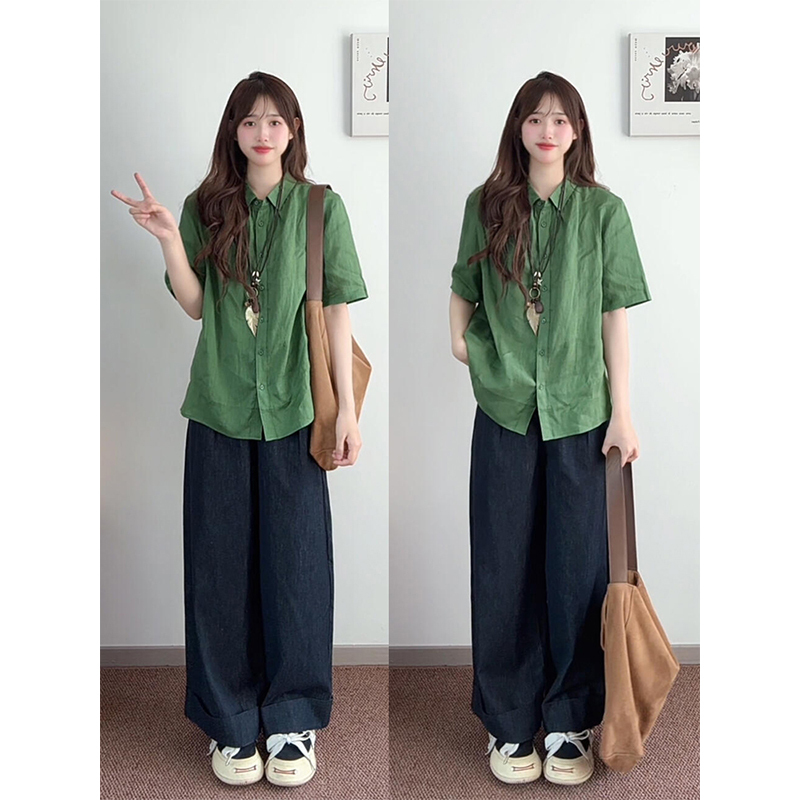 Forest-Style Youthful Casual Sports Outfit for Women, Summer Green Shirt, Short-Sleeved Wide-Leg Pants, Versatile Two-Piece Set