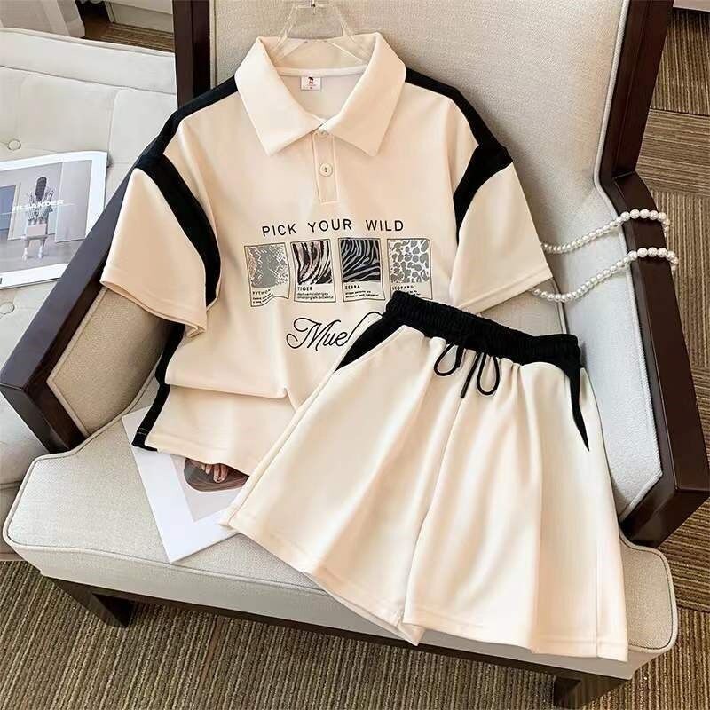 Girl suit Xia style 2023 new ocean gas polo turn collar blouses CUHK child splicing short sleeve shorts Two sets-Taobao