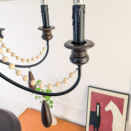 American Retro Living Room Chandelier, French Mid-Century Style Candle Lamp, Designer Romantic Wooden Bead Master Bedroom Lamp, Dining Room Lamp