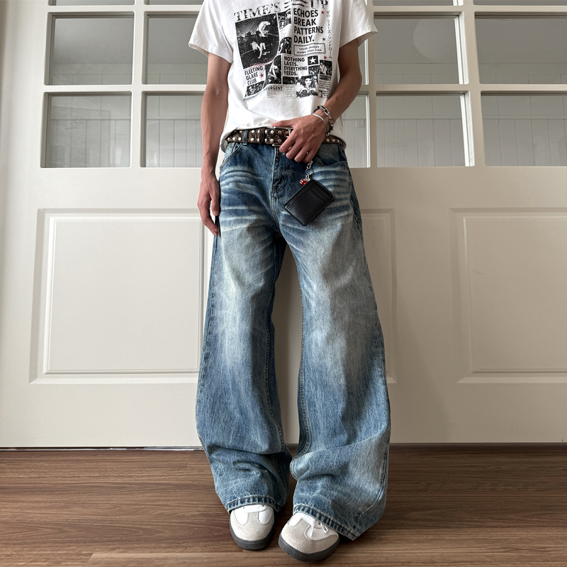 Xcok American-Style Heavy-Duty High-End Glacier Blue Loose Flared Washed Denim Pants with a Vintage Design