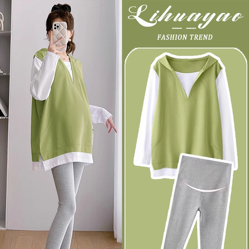 Maternity Set Fashionable Stylish Green Hooded 2024 New Casual Loose Sweatshirt Two-Piece Set for Spring and Autumn Women