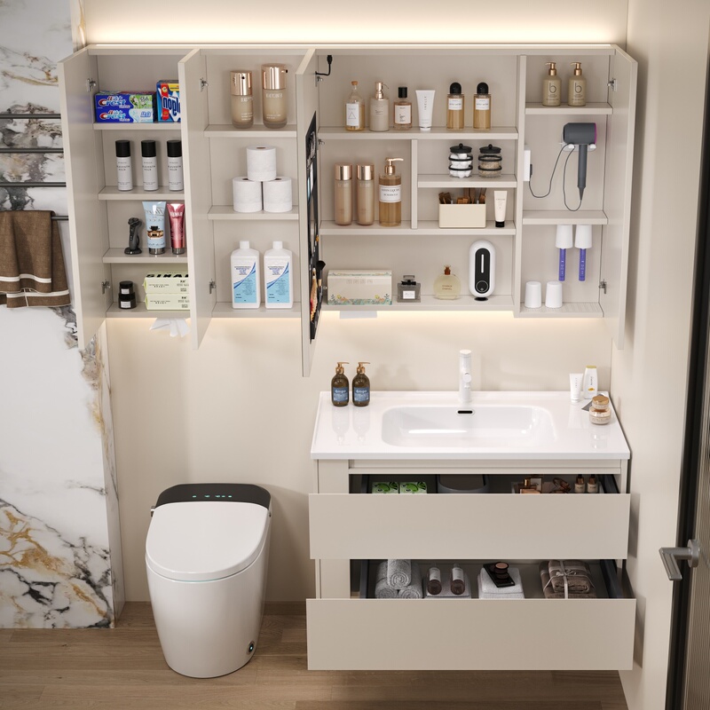 Wall-Mounted White Stainless Steel Smart Vanity Mirror Cabinet Bathroom Cabinet Combination Ceramic Integrated Basin Bathroom Washbasin Wall-Mounted White Stainless Steel Smart Vanity Mirror Cabinet Bathroom Cabinet Combination Ceramic Integrated Basin Bathroom Washbasin
