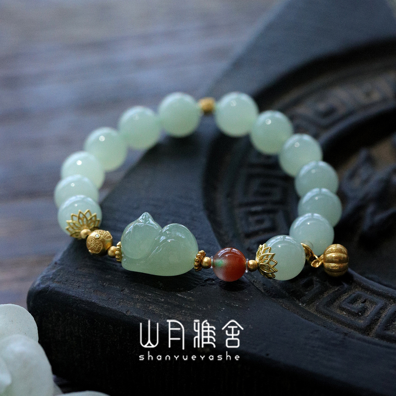 Shanyue Yashe/Jianchun Dynasty/Natural High Ice Clear Fruit Frozen Body Hetian Jade Lying Cat Bracelet Hand-Carved