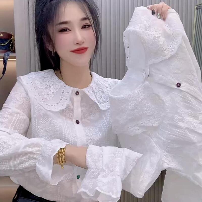European-Style French Lace Doll Collar White Shirt for Women, 2026 Spring New Design, Age-Reducing Hollow-Out Long-Sleeve Blouse