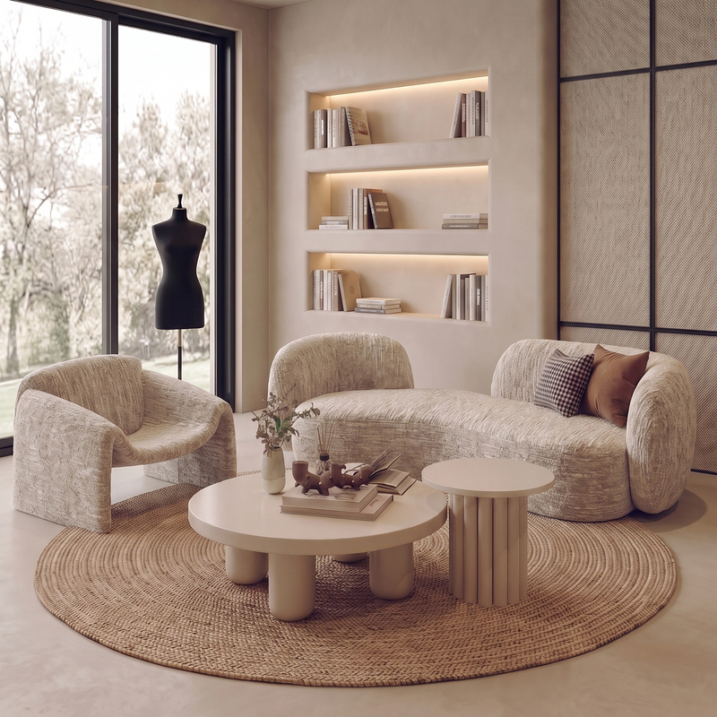 Cream-Colored Curved Special-Shaped Sofa, Chenille Double Sofa for Small Apartments, Beauty Salons, Clothing Stores, Guesthouses, Office Reception Cream-Colored Curved Special-Shaped Sofa, Chenille Double Sofa for Small Apartments, Beauty Salons, Clothing Stores, Guesthouses, Office Reception