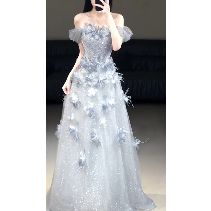 Blue Evening Gown Graduation Host Engagement Off-Shoulder Robe Female Bride Toast Dress High-End Elegant Puffy Dress