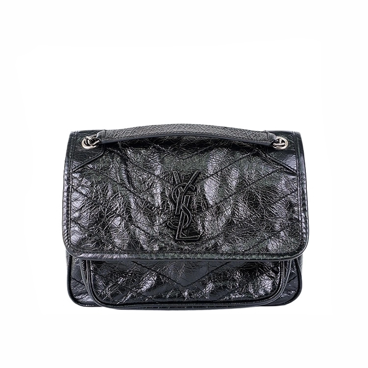 Brand New Ysl Saint Laurent Niki Black and Silver Small Pleated Bag