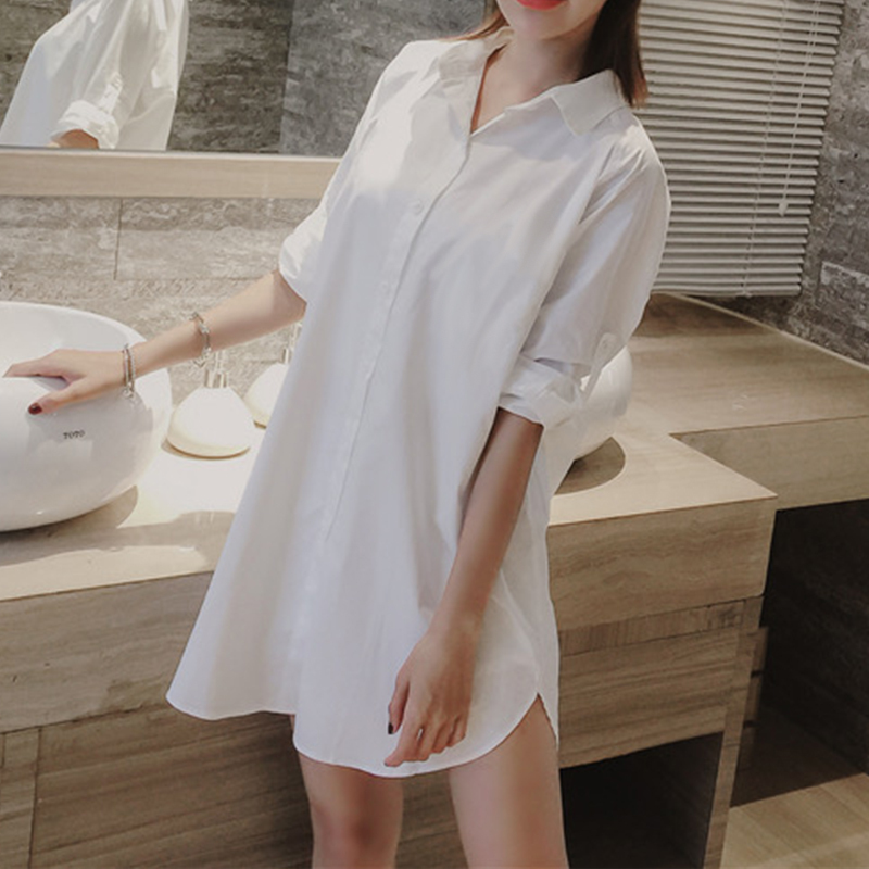 Korean Style White Shirt for Women, Mid-Length Boyfriend Style Loose Shirt, Sexy Sleepwear, Lazy Top, Long-Sleeved Outerwear Korean Style White Shirt for Women, Mid-Length Boyfriend Style Loose Shirt, Sexy Sleepwear, Lazy Top, Long-Sleeved Outerwear