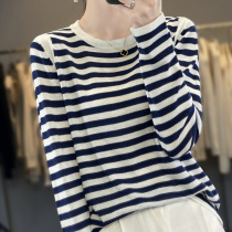 Available for fast delivery French striped round neck thin wool sweater womens spring and autumn lazy loose sweater large size