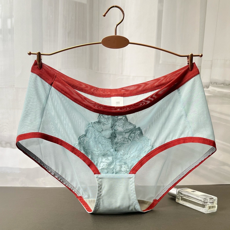 Retro Underwear, Feminine Mesh See-Through Briefs, Lace Embroider, Contrasting Color Strips, Soft and Breathable Cotton Crotch Bottoms