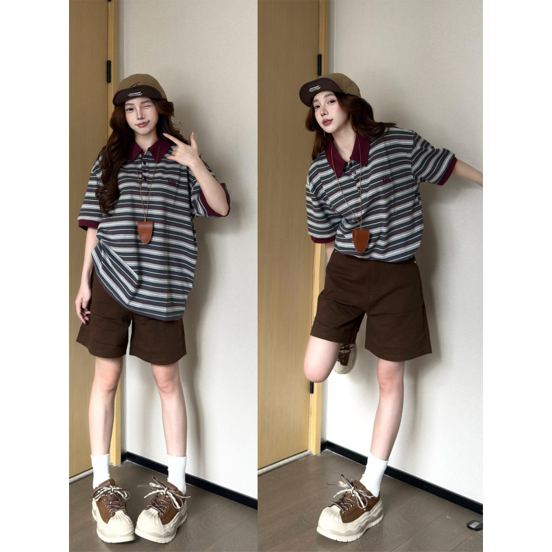 American High Street Casual Sports Suit for Women, Summer Design, Contrasting Color Striped Polo Shirt, Short-Sleeved Shorts Two-Piece Set