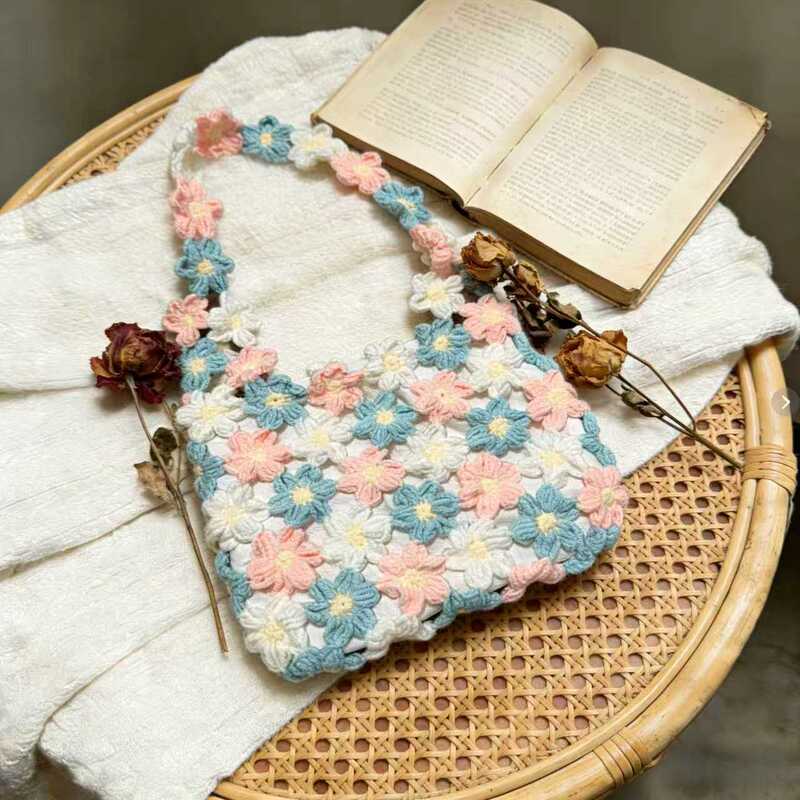 Spring Flower Bag Yarn Hand Knitting Material Kit Crochet DIY Gift Making Time-Consuming Floral Bag