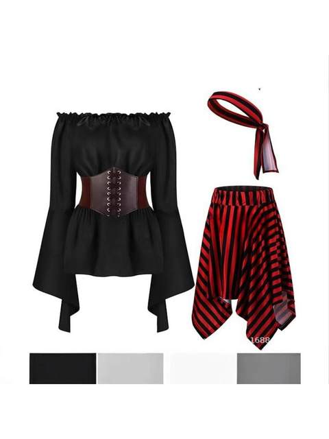 New Women's Pirate Costume Role-Playing Renaissance Top Belt Pirate Skirt Striped Headscarf Half Skirt