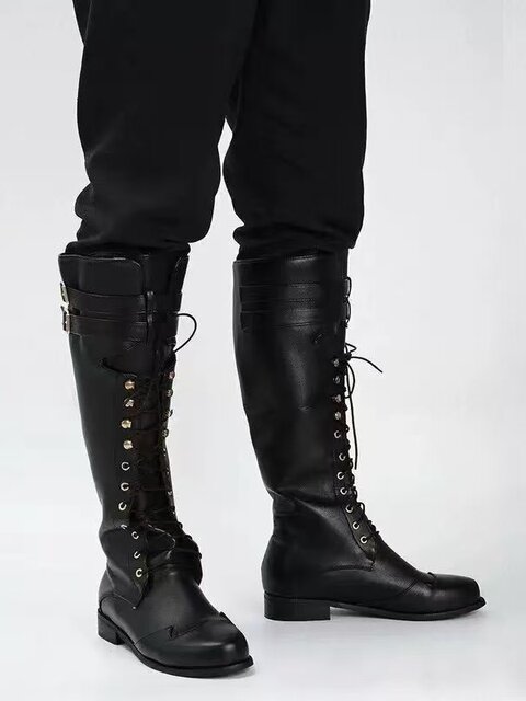 Western Knight Boots, Knight Boots, Square Heel, Flat Men's Shoes, Men's Boots, Lace-Up High Boots, Long Boots, Large Size Boots