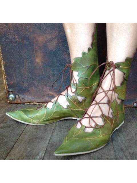 Summer Women's Flat Shoes, European and American Style, Unique Leaf Decoration, Lace-Up Pointed Shoes, Medieval Style