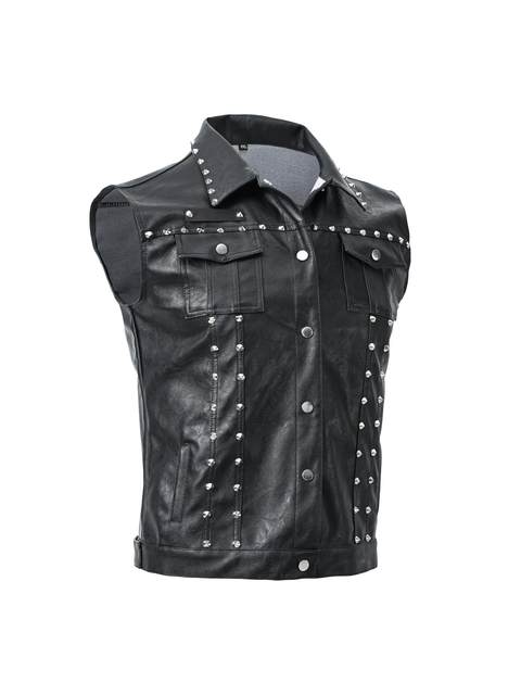 Men's Solid Color Lapel Punk Vest with Rivets, Biker Style Pu Faux Leather Vest