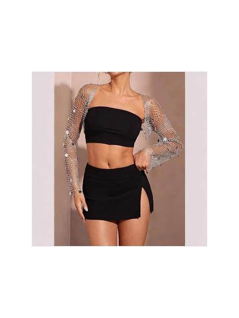 F4911Y2025 Fishnet Sequin Cardigan Top with Rhinestones Blingbling European and American Style Coverups Top