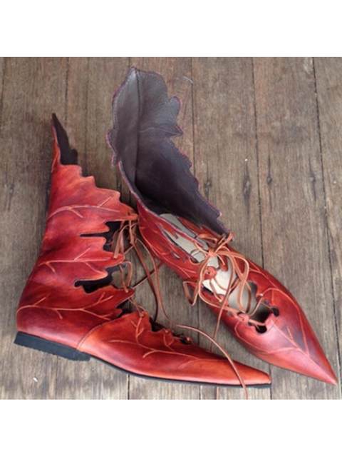 Summer Women's Flat Shoes, European and American Style, Unique Leaf Decoration, Lace-Up Pointed Shoes, Medieval Style