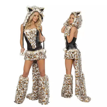 Cosplay Halloween Party Costume Leopard Print with Big Tail Wolf Game Costume Cat Girl Role Play European and American Uniform