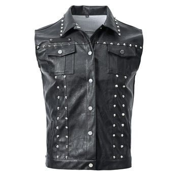 Men's Solid Color Lapel Punk Vest with Rivets, Biker Style Pu Faux Leather Vest