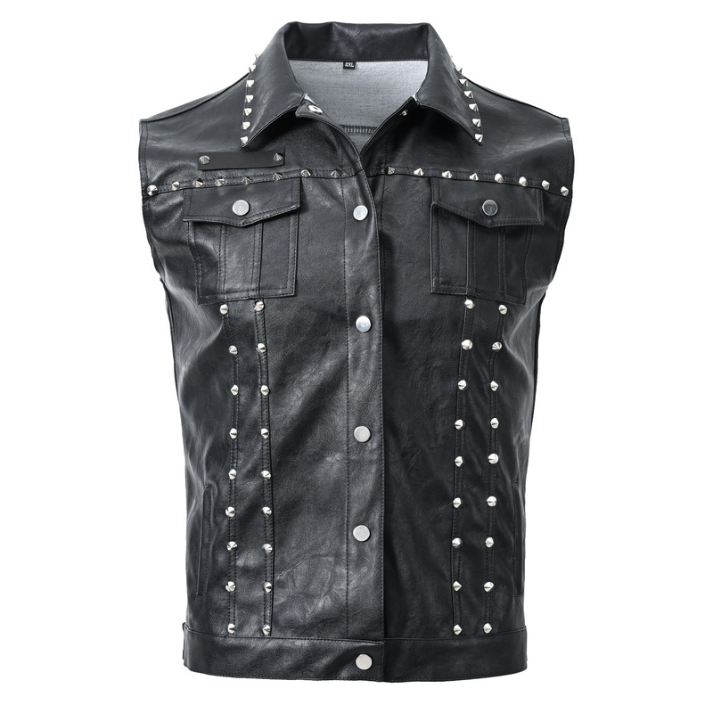 Solid Color Lapel Biker Punk Vest Men's Studded Motorcycle Style Pu Faux Leather Vest Studded Sleeveless Jacket