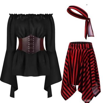 New Women's Pirate Costume Role-Playing Renaissance Top Belt Pirate Skirt Striped Headscarf Half Skirt
