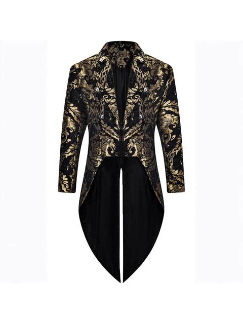 Halloween European and American Fashion Men's Gothic Steampunk Tailcoat Jacket Black Brocade Satin Wedding Coat