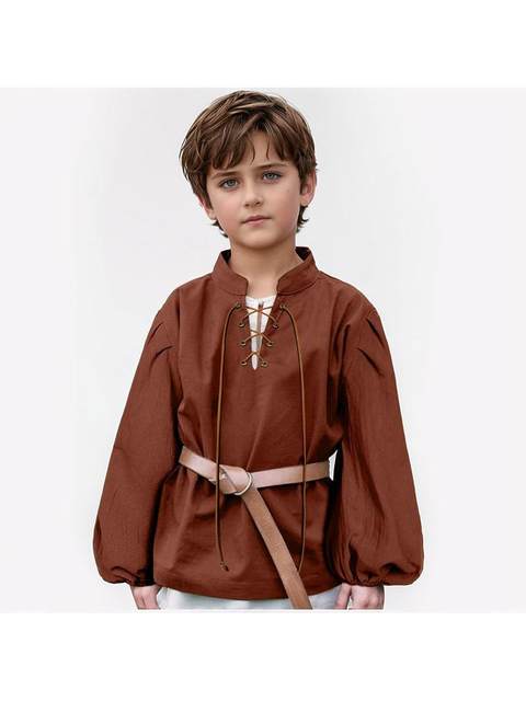 Medieval Stand-Up Collar Children's Shirt for Boys, Lace-Up Pirate Shirt, Viking Style, European and American Retro Renaissance