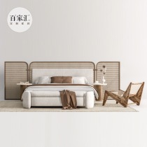 Designer minimalist rattan double bed model room club villa bedroom log wabi-sabi style solid wood bed dresser