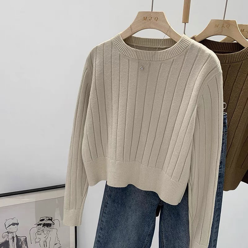 Petite Short Top, Loose Fit, Slimming, Round Neck, Ribbed Pullover Knit Sweater for Women, Autumn and Winter 2026 New Sweater Petite Short Top, Loose Fit, Slimming, Round Neck, Ribbed Pullover Knit Sweater for Women, Autumn and Winter 2026 New Sweater