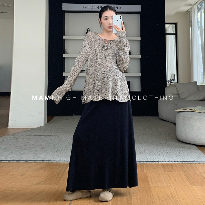 Mami Maternity Wear Autum 2026 Relaxed Cut Out Top Belly-Supporting Maternity Slimming Knitted Skirt Suit