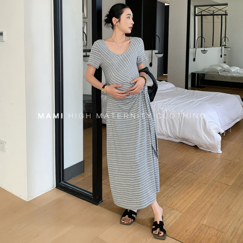 Mami High-End Maternity Wear Summer 2026 New Slim-Fit Tie Design Long Maternity Dress for Women