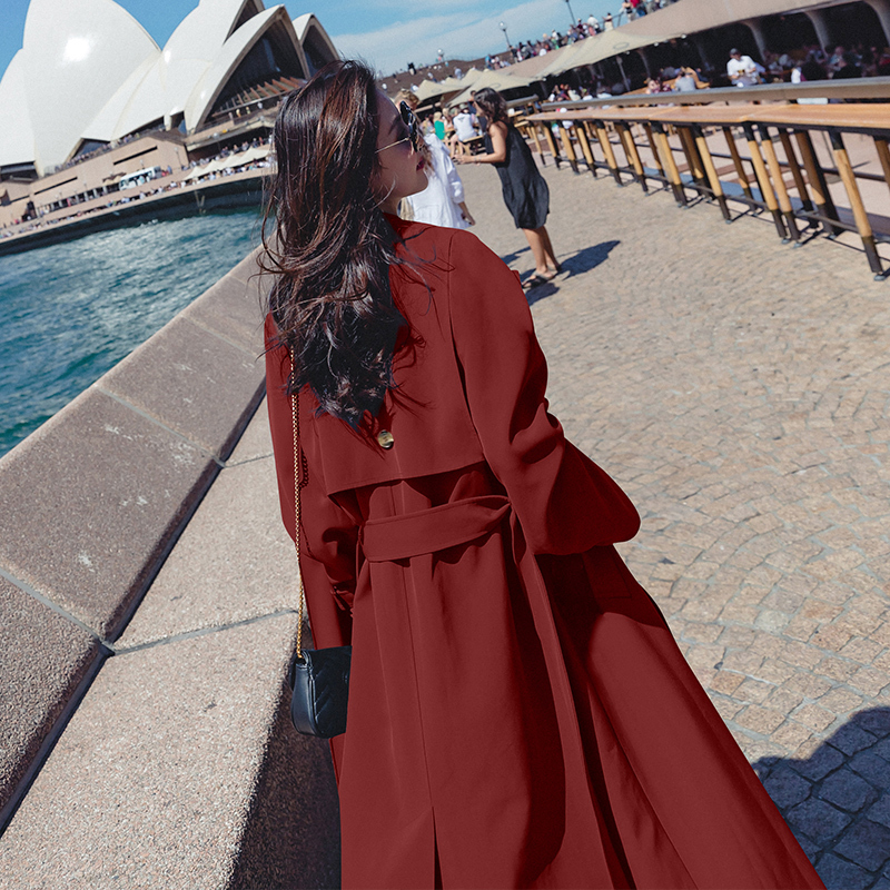 Burgundy Trench Coat for Women, Mid-Length, Spring and Autumn 2026 New Style, British Style, Petite, Suitable for Brides Returning Home after Wedding, Coat Jacket