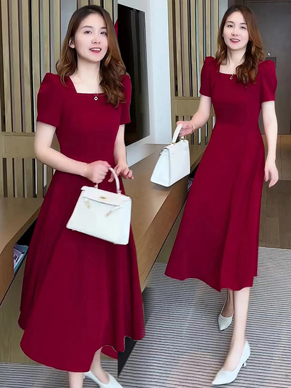 Square-Neck Dress for Women, Summer 2026 New Style, French High-End Feel, Solid Color, Elegant, Age-Reducing, Red Long Dress