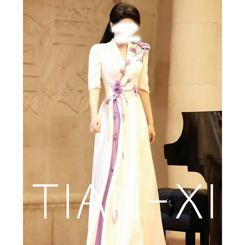 White Evening Dress for Women, High-End, Elaborate, Suitable for Hostess Performances, Ethnic Vocal Arts Exams, Concerts, and Solo Performances