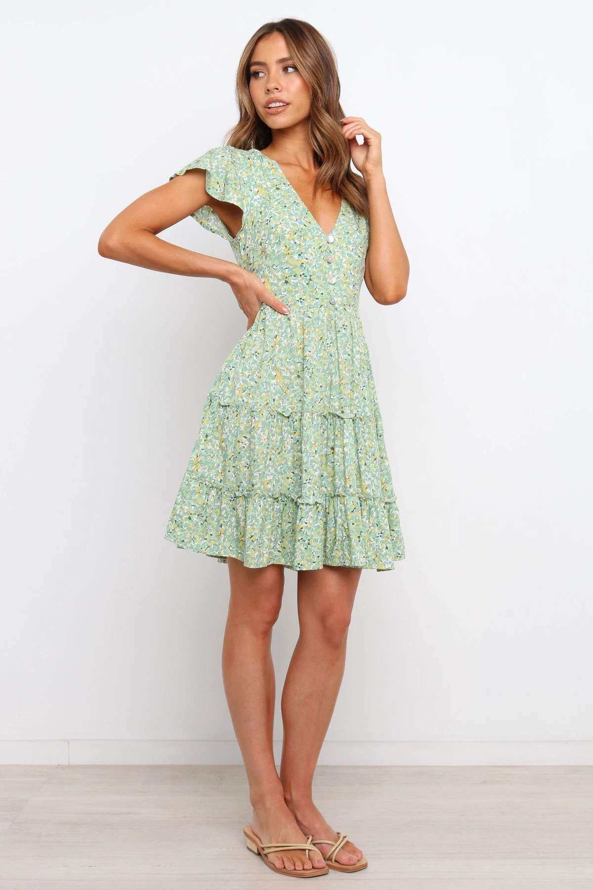 товар из китая women's summer new v-neck flying sleeve pleated dress OTHER