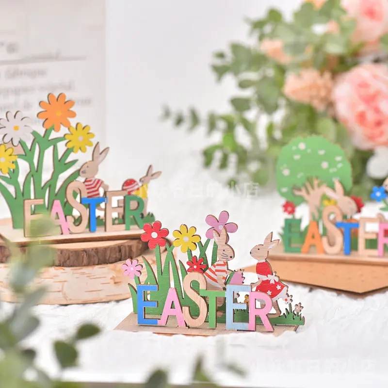 Easter Decorations Happy Easter Spring Wooden Tabletop Ornaments Rabbit Spring Atmosphere Arrangement