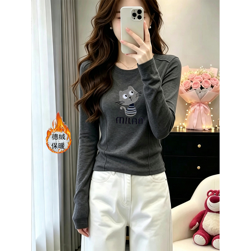 Thickened German Velvet Brushed Long-Sleeve T-Shirt for Women, Fashionable and Versatile Dark Gray Top, Base Layer for Spring, Autumn, and Winter