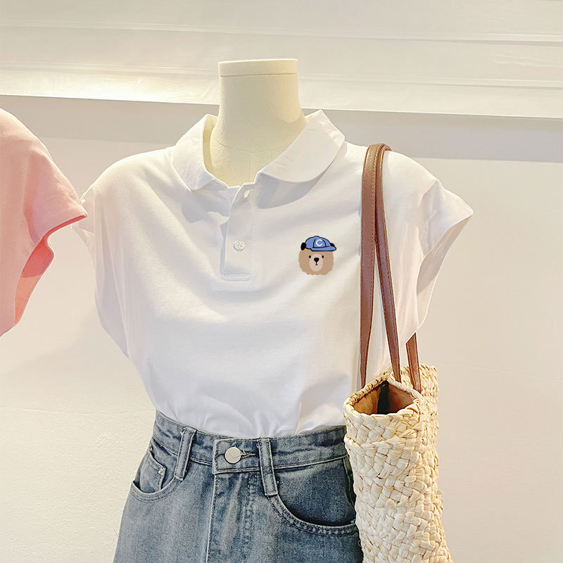 Lapel Pure Cotton Short-Sleeve T-Shirt for Women ins Fashionable Versatile Stylish Polo Collar Top with Flutter Sleeves 2026 New Summer Model Lapel Pure Cotton Short-Sleeve T-Shirt for Women ins Fashionable Versatile Stylish Polo Collar Top with Flutter Sleeves 2026 New Summer Model