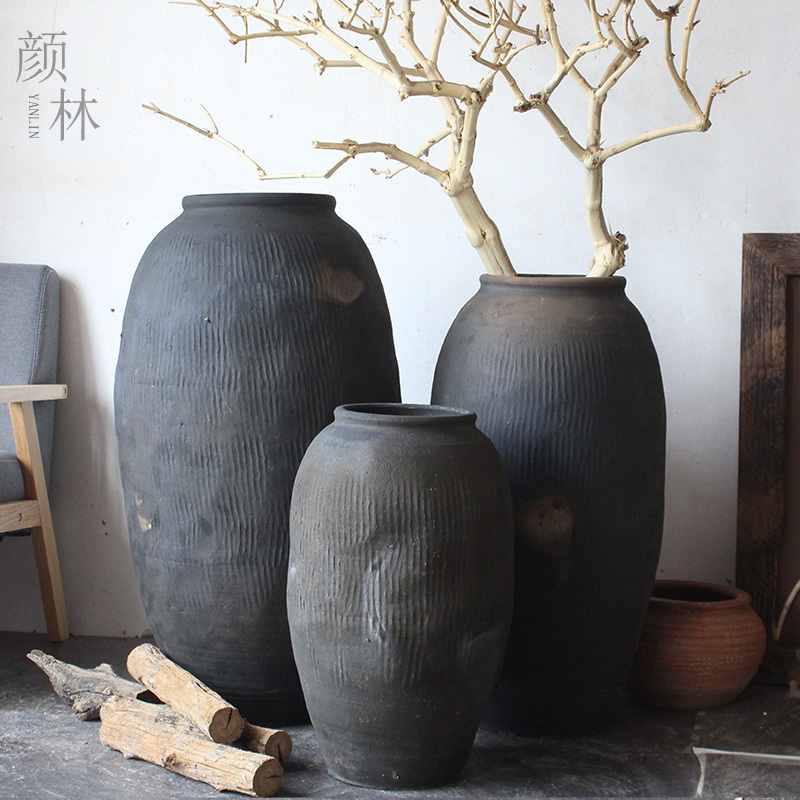 Wabi-Sabi Style Black Pottery Floor Vase for Home Decor, Tall and Slender Vase, Pottery Jar for Study Room, Rustic Pottery, Vintage Natural Style